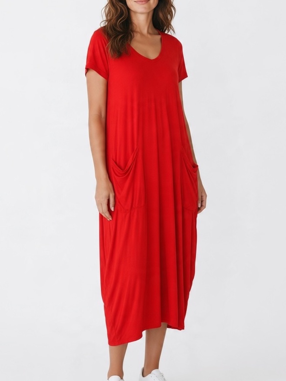 Foil Red Dress Women Medium Lagenlook Pockets Drape Cocoon Midi Stretch